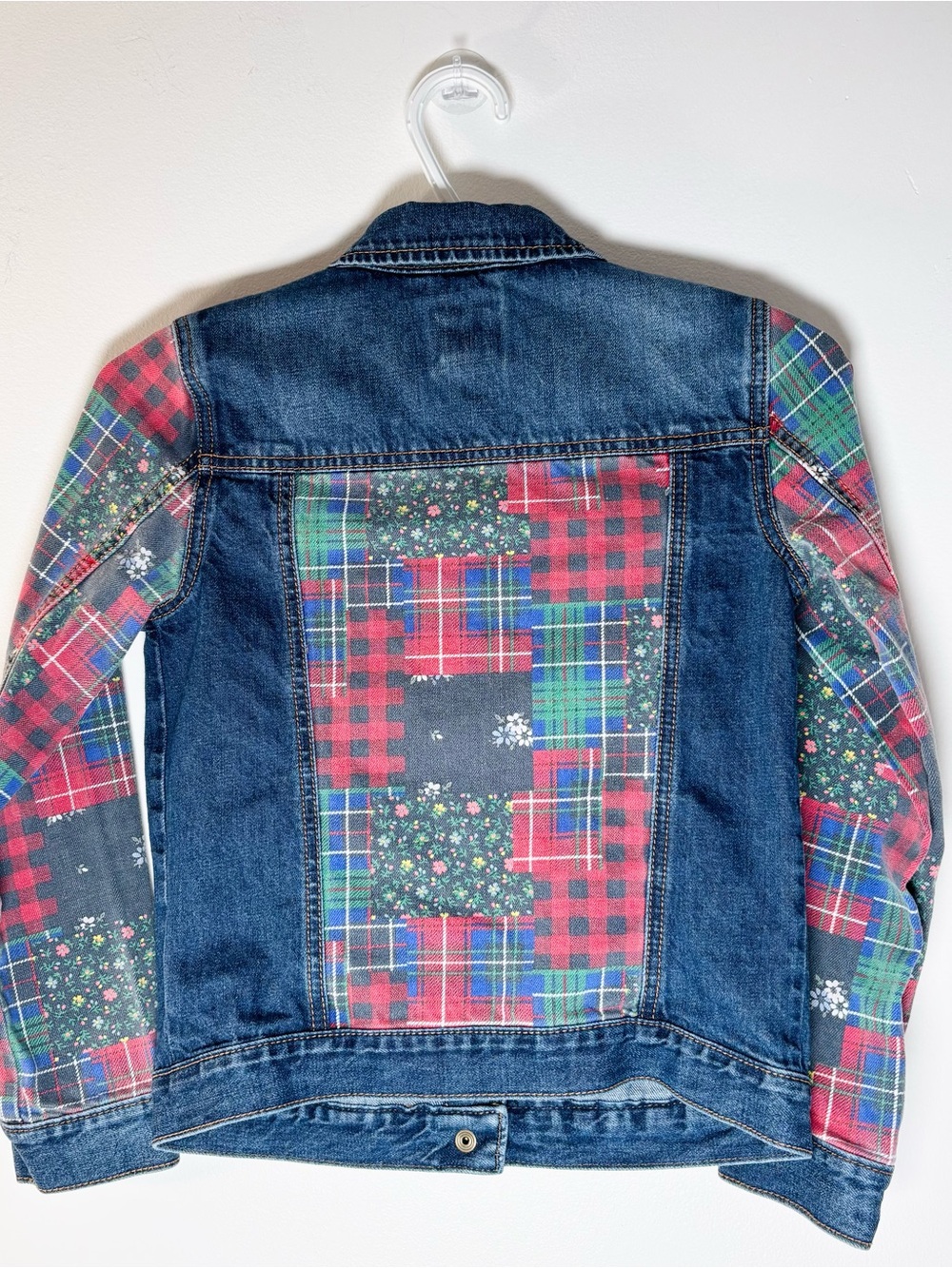 Gap Kids Girls Plaid Patchwork Denim Icon Jean Jacket Festive Holiday - Picture 7 of 10